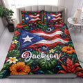Puerto Rico tropical quilt bedding styled on a modern bedroom with colorful flag and floral artwork