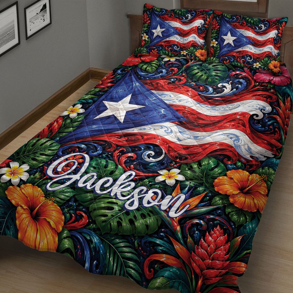 Puerto Rico flag quilt blanket spread across a bed with tropical flowers, palm foliage, and bold island colors