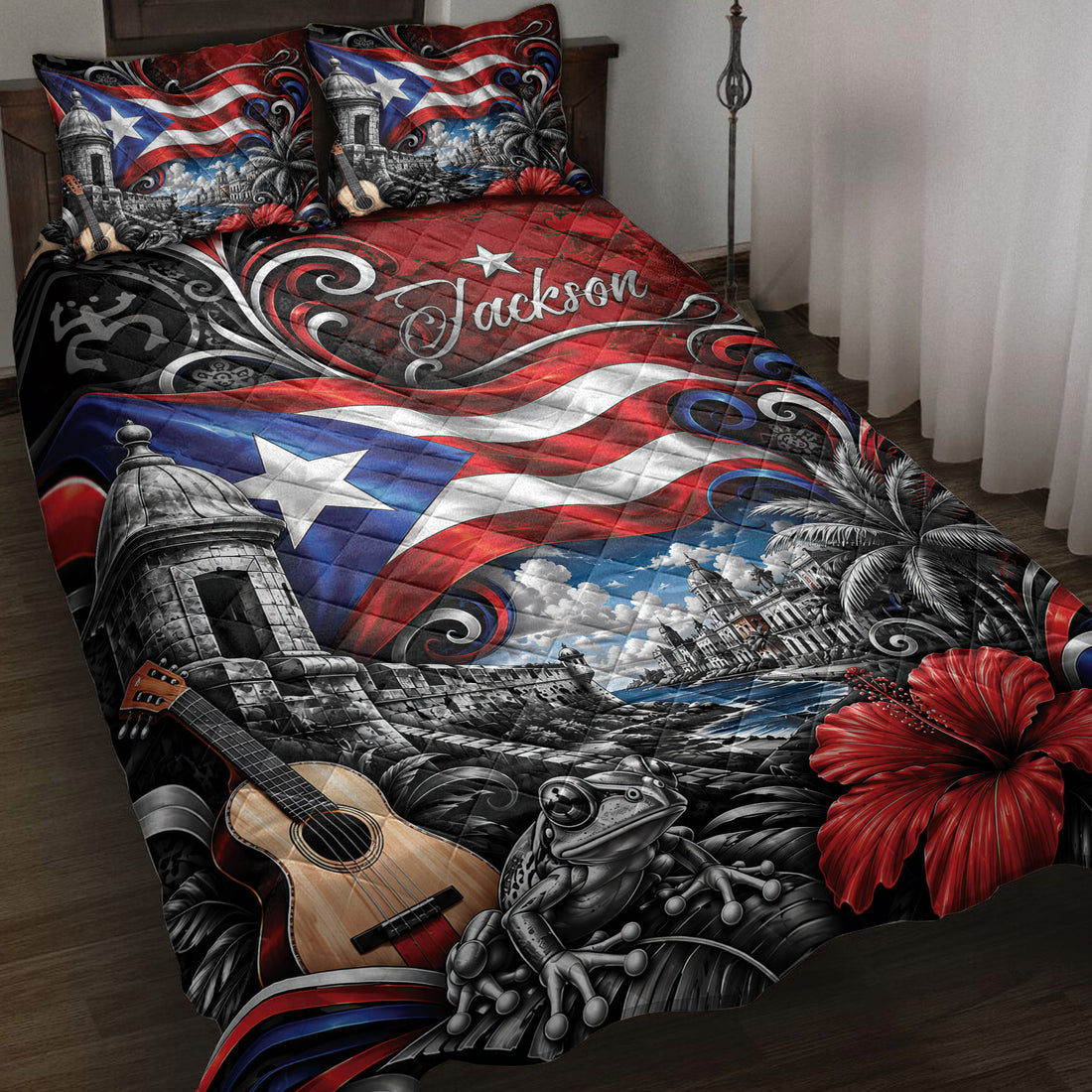 Puerto Rico quilt blanket displayed on a bed with flag colors, coastal scenery, guitar, hibiscus, and tropical artwork