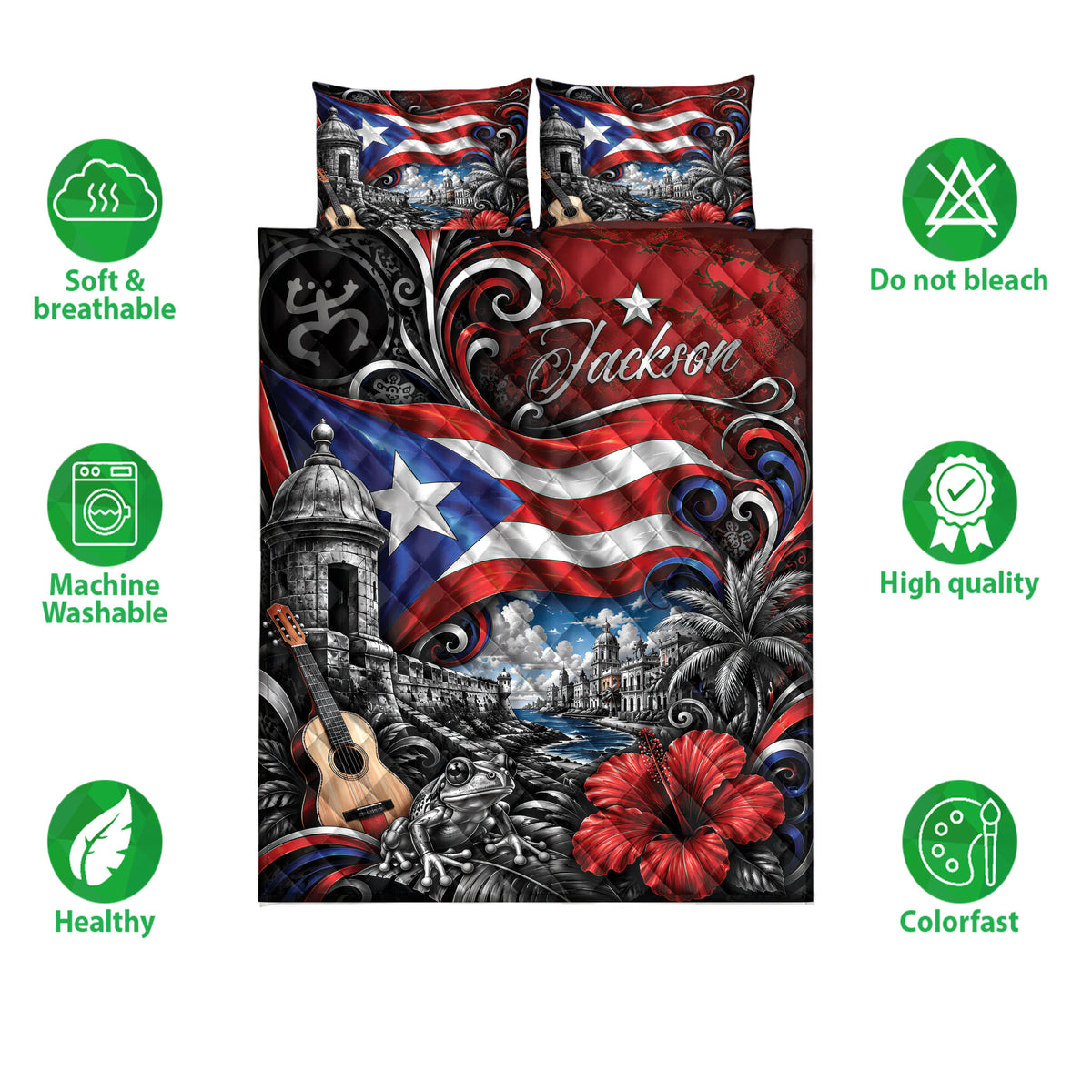 Puerto Rico quilt bedding set shown with colorful island artwork and soft breathable, washable, colorfast feature icons