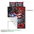 Puerto Rico quilt bedding set showing the printed front and white quilted backing detail