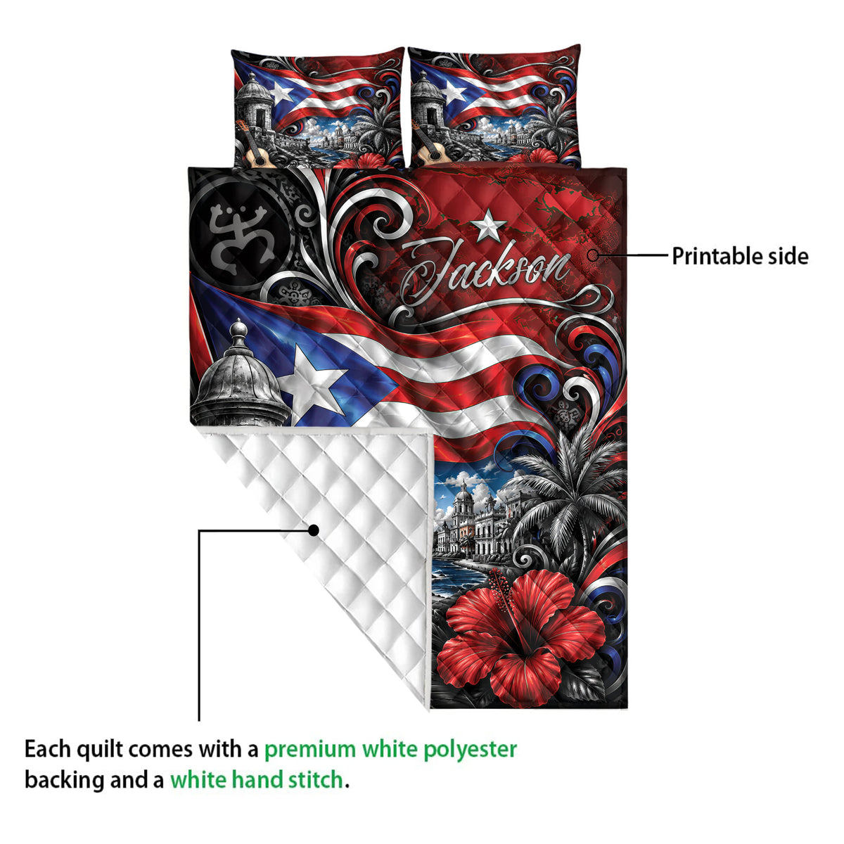 Puerto Rico quilt bedding set showing the printed front and white quilted backing detail