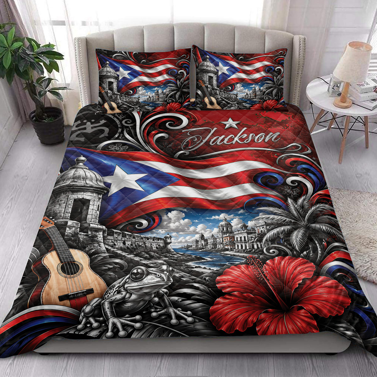 Puerto Rico quilt blanket styled in a bright bedroom with flag artwork, historic buildings, palm trees, and hibiscus