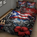 Puerto Rico quilt blanket close-up featuring red, white, and blue flag waves, coastal scenery, guitar, and tropical flowers