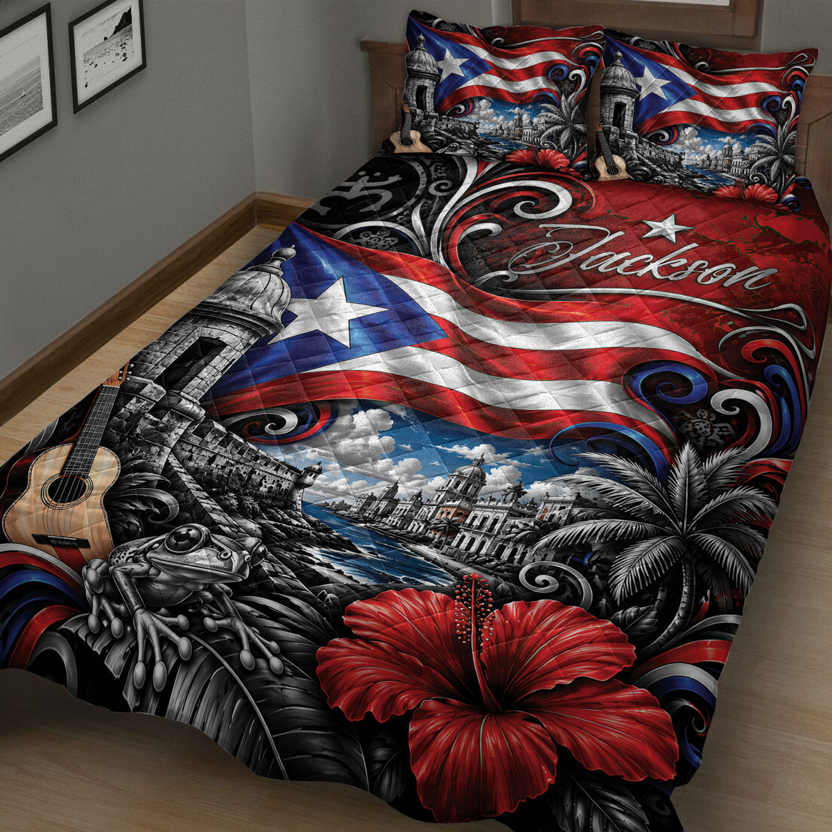 Puerto Rico quilt blanket close-up featuring red, white, and blue flag waves, coastal scenery, guitar, and tropical flowers