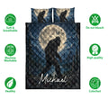 Bigfoot quilt bedding set shown with forest and full moon artwork plus product feature icons