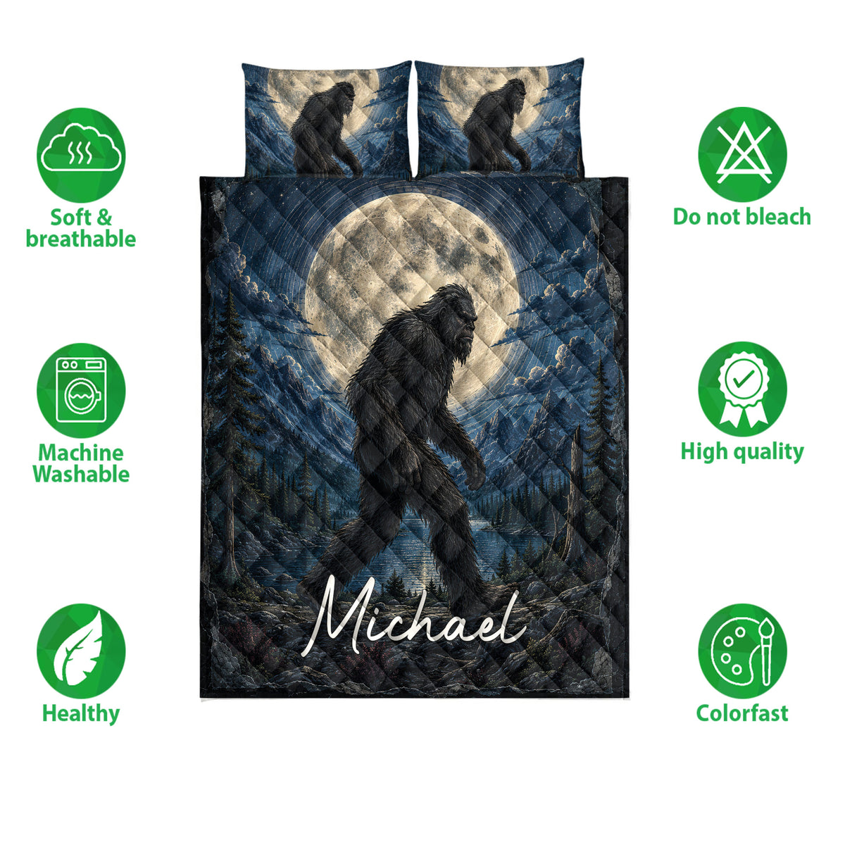 Bigfoot quilt bedding set shown with forest and full moon artwork plus product feature icons