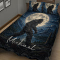Close view of Bigfoot quilt bedding with forest scenery, mountain lake, and full moon design