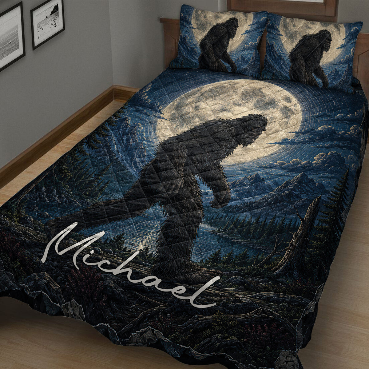 Close view of Bigfoot quilt bedding with forest scenery, mountain lake, and full moon design