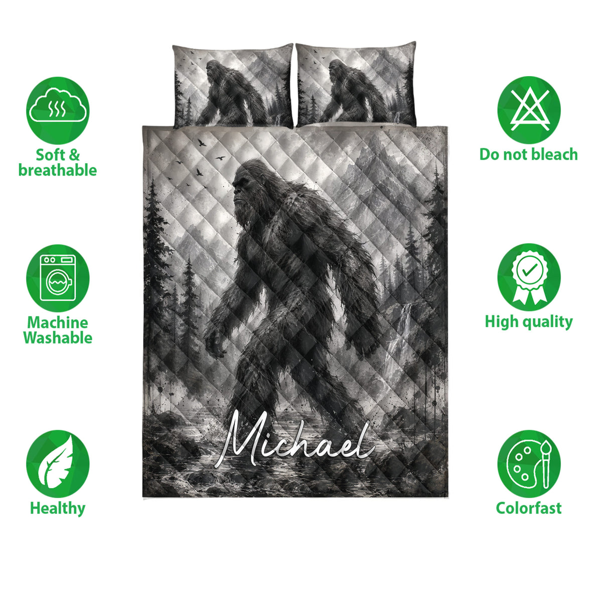Bigfoot quilt bedding set presentation with matching forest mountain artwork and feature icons