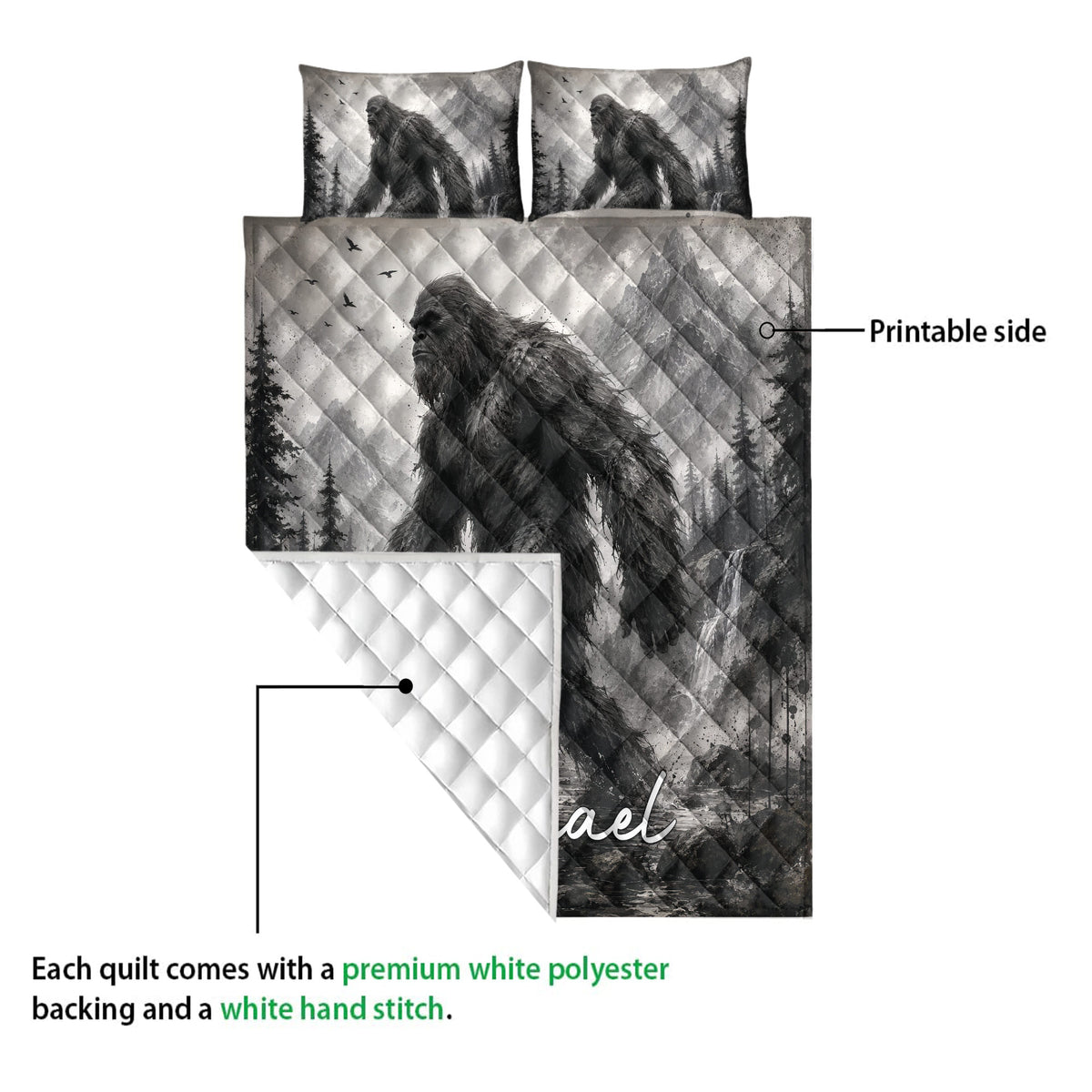 Bigfoot quilt showing the printed front design, quilted reverse, and mountain forest artwork