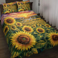 Sunflower quilt blanket bedding set displayed on a bed with vibrant fields and sunset artwork