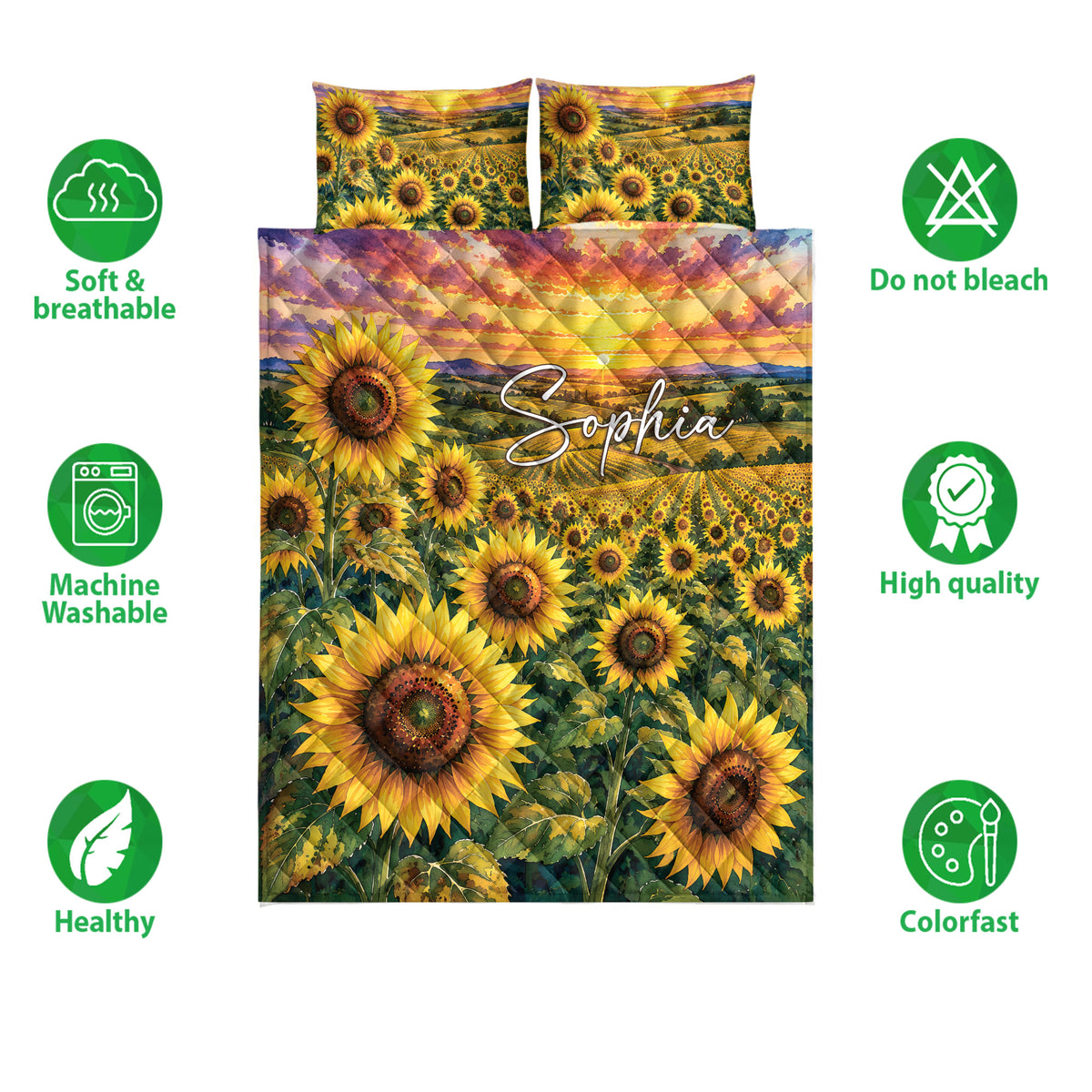 Sunflower quilt bedding set with colorful field artwork and soft breathable feature icons