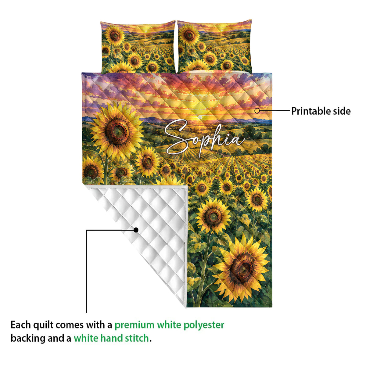 Sunflower quilt blanket showing the printed front and white diamond-stitched backing