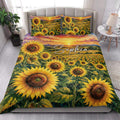 Sunflower quilt bedding set styled in a bright bedroom with large golden flowers