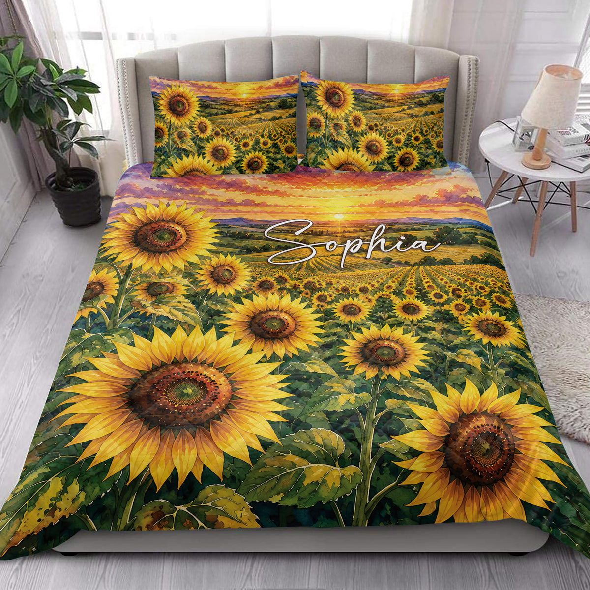 Sunflower quilt bedding set styled in a bright bedroom with large golden flowers