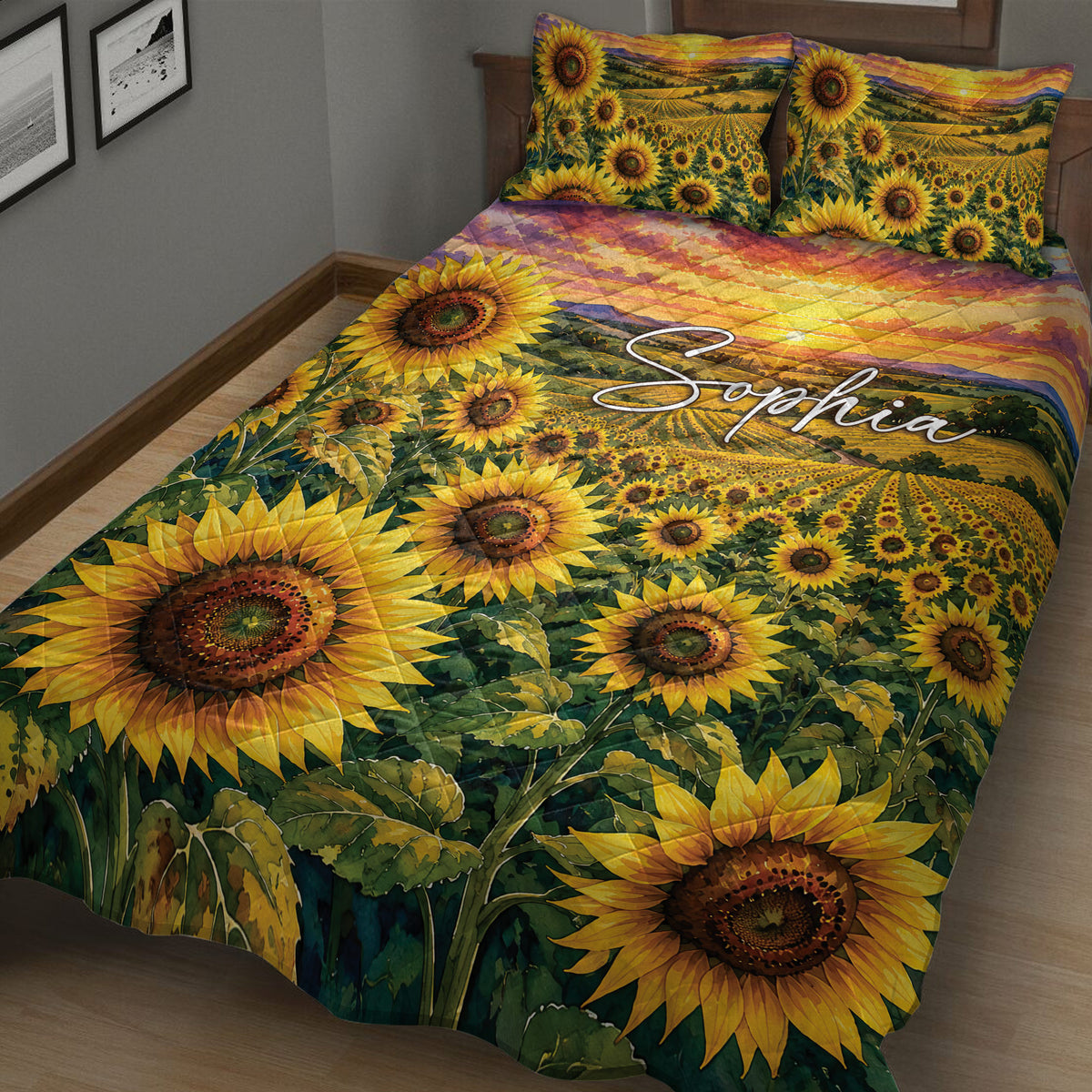 Close bedroom view of a sunflower quilt blanket with colorful field and sunset design