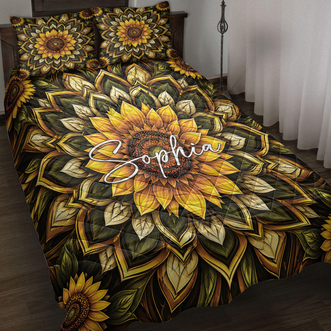Sunflower quilt bedding set displayed on a bed with dark botanical patterns and golden floral artwork