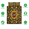 Sunflower quilt bedding set shown with soft breathable, washable, colorfast and care feature icons