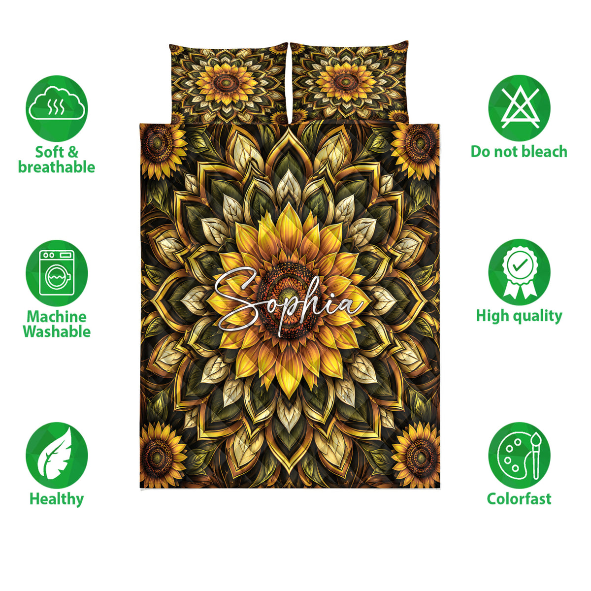 Sunflower quilt bedding set shown with soft breathable, washable, colorfast and care feature icons