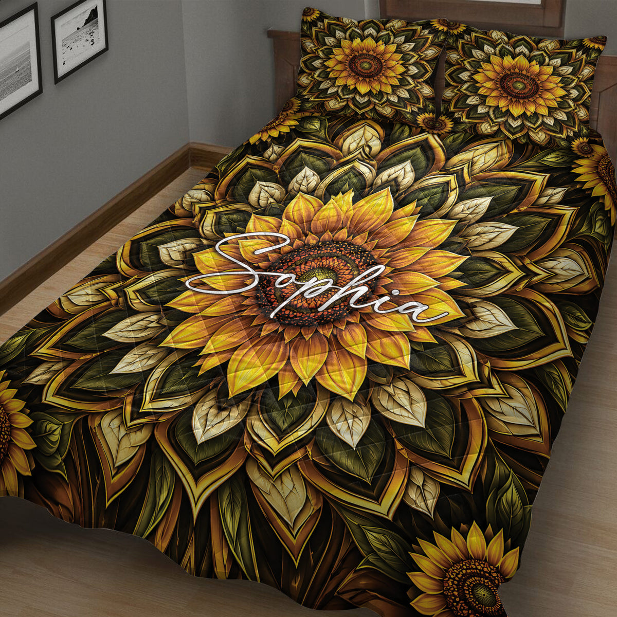 Close bedroom view of a sunflower quilt with golden petals, leafy mandala patterns and dark accents