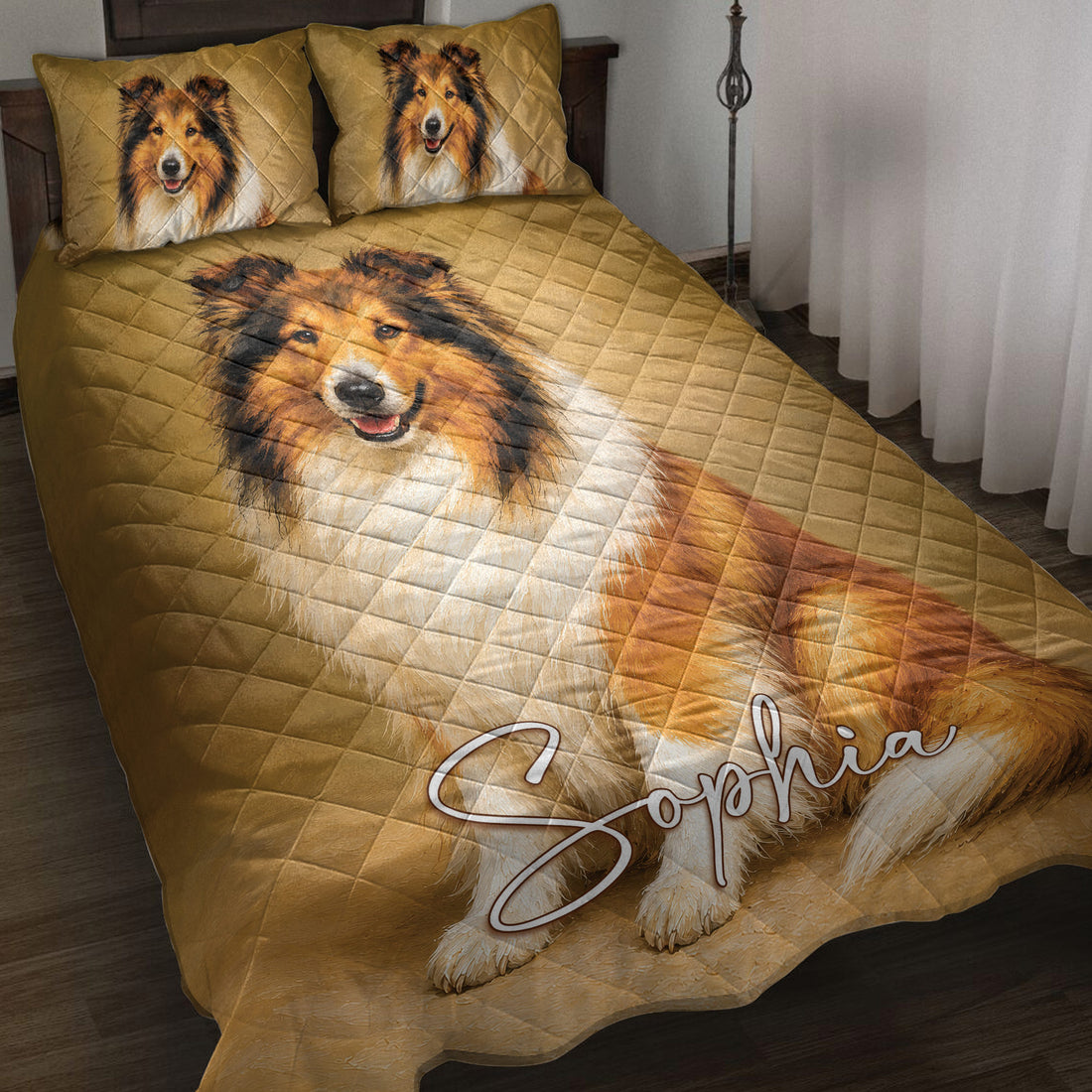 Rough Collie quilt blanket displayed on a bed with matching dog artwork on the pillowcases