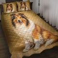Rough Collie quilt blanket displayed on a bed with matching dog artwork on the pillowcases