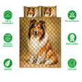 Rough Collie quilt bedding set shown with feature icons and a golden dog portrait design