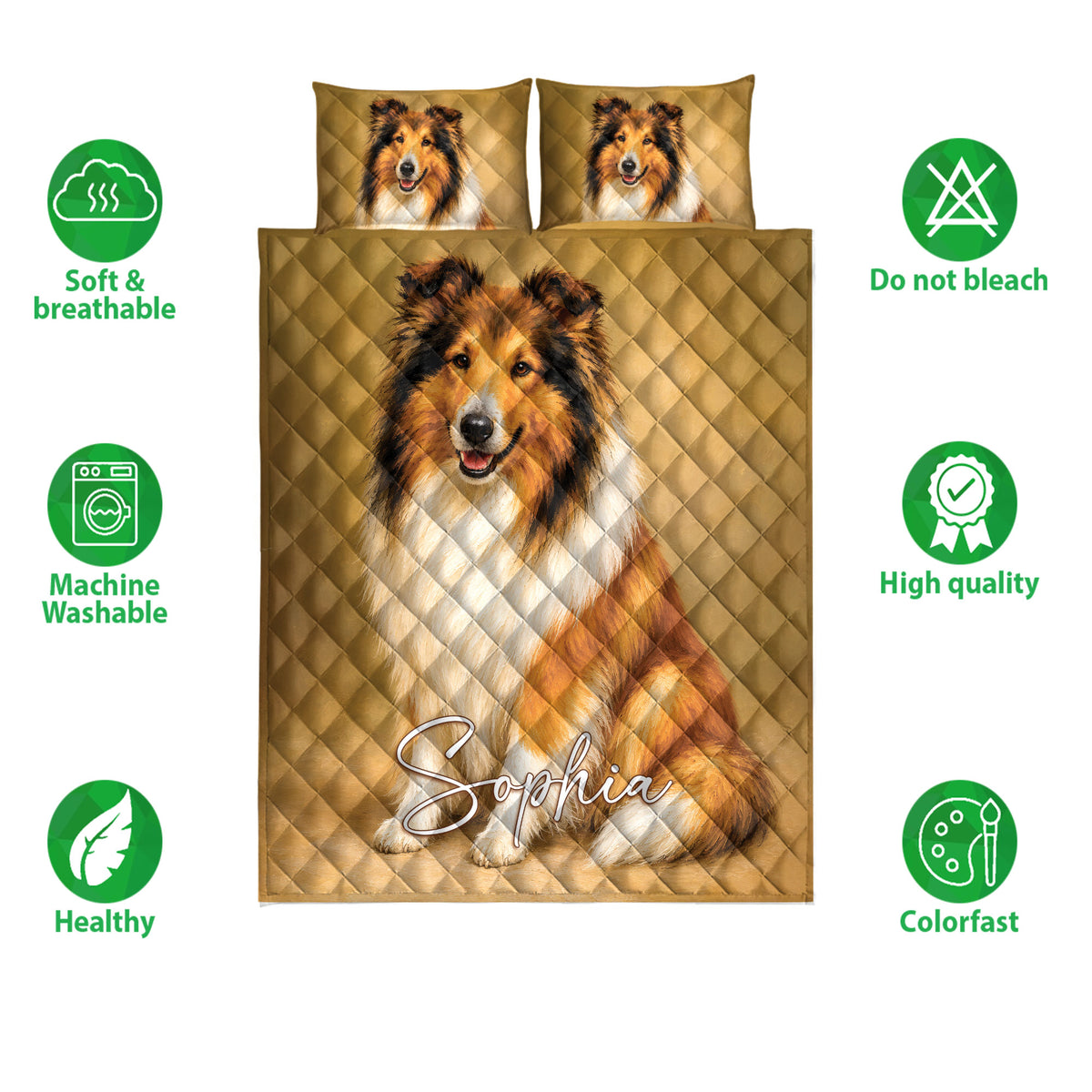 Rough Collie quilt bedding set shown with feature icons and a golden dog portrait design