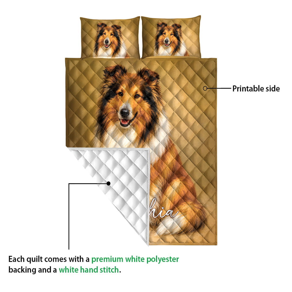 Rough Collie quilt showing the printed front, white reverse backing, and quilted construction