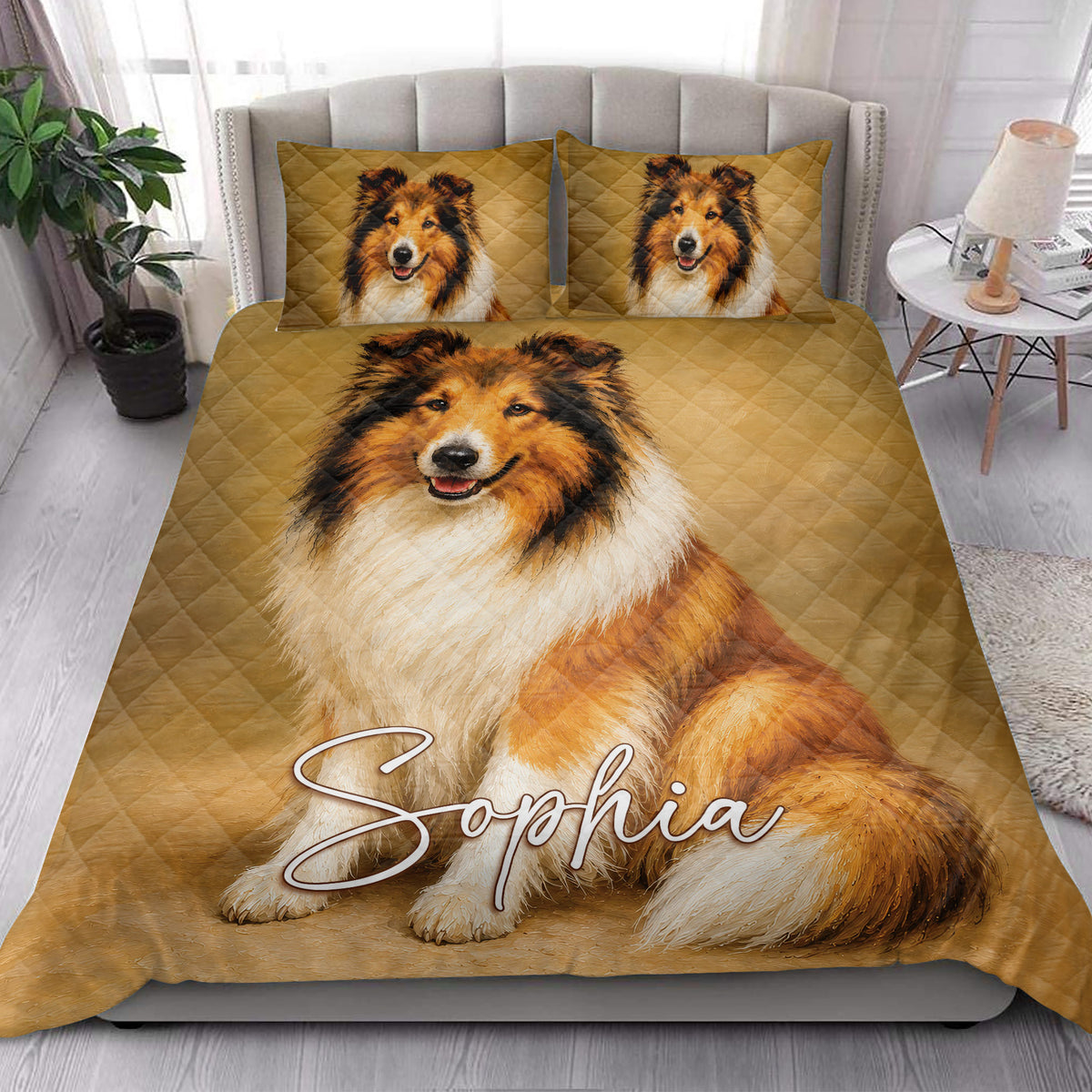 Rough Collie quilt blanket styled in a bright bedroom with a large seated dog portrait