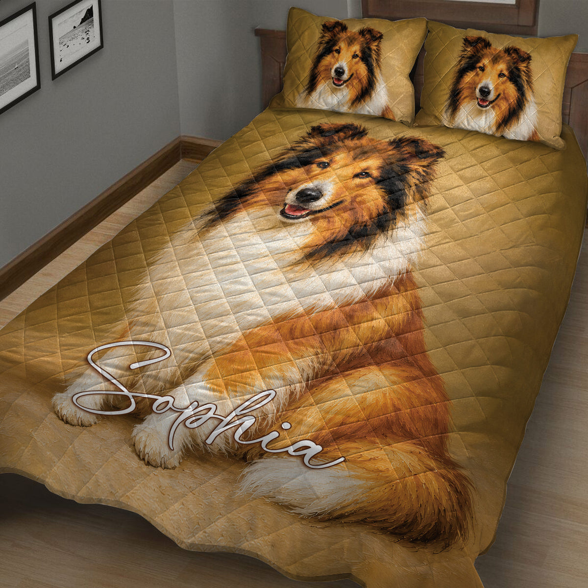 Golden Rough Collie quilt blanket displayed across a bedroom with coordinating dog artwork