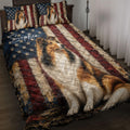 Rough Collie quilt blanket displayed on a bed with American flag stripes and star artwork