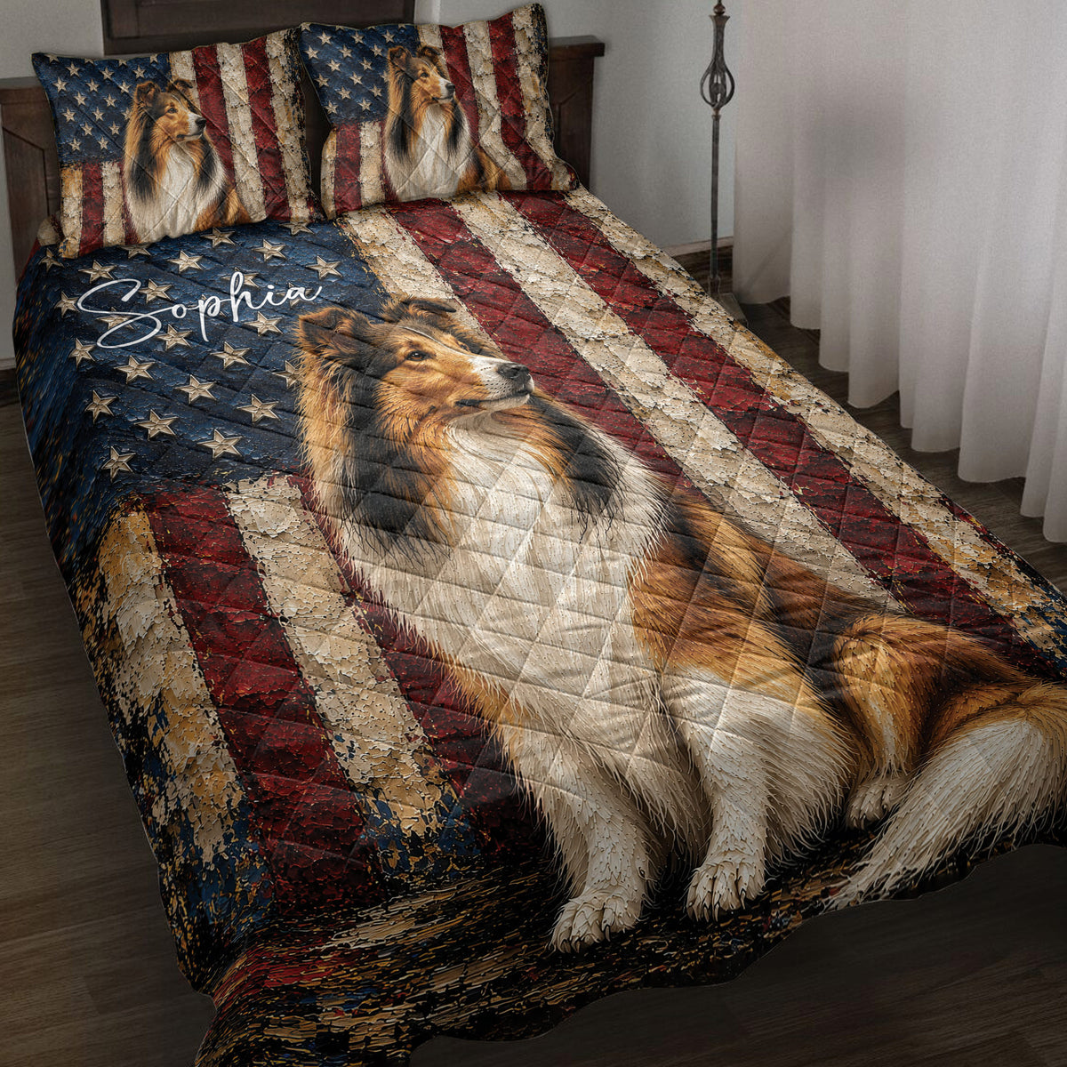 Rough Collie quilt blanket displayed on a bed with American flag stripes and star artwork