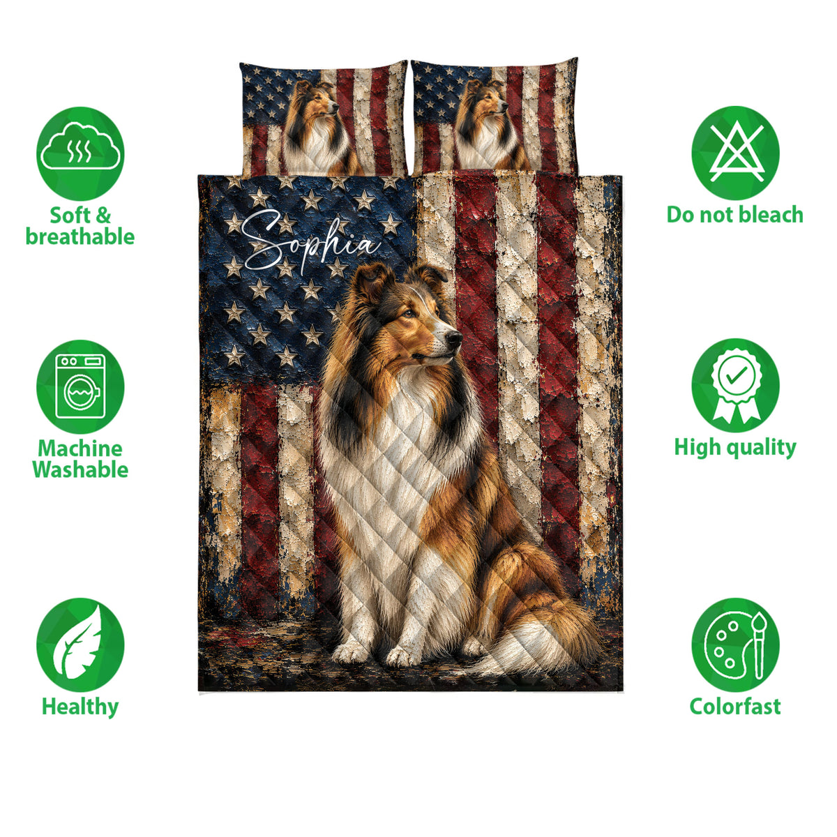 Rough Collie quilt bedding set shown with matching dog artwork and patriotic red, white, and blue design