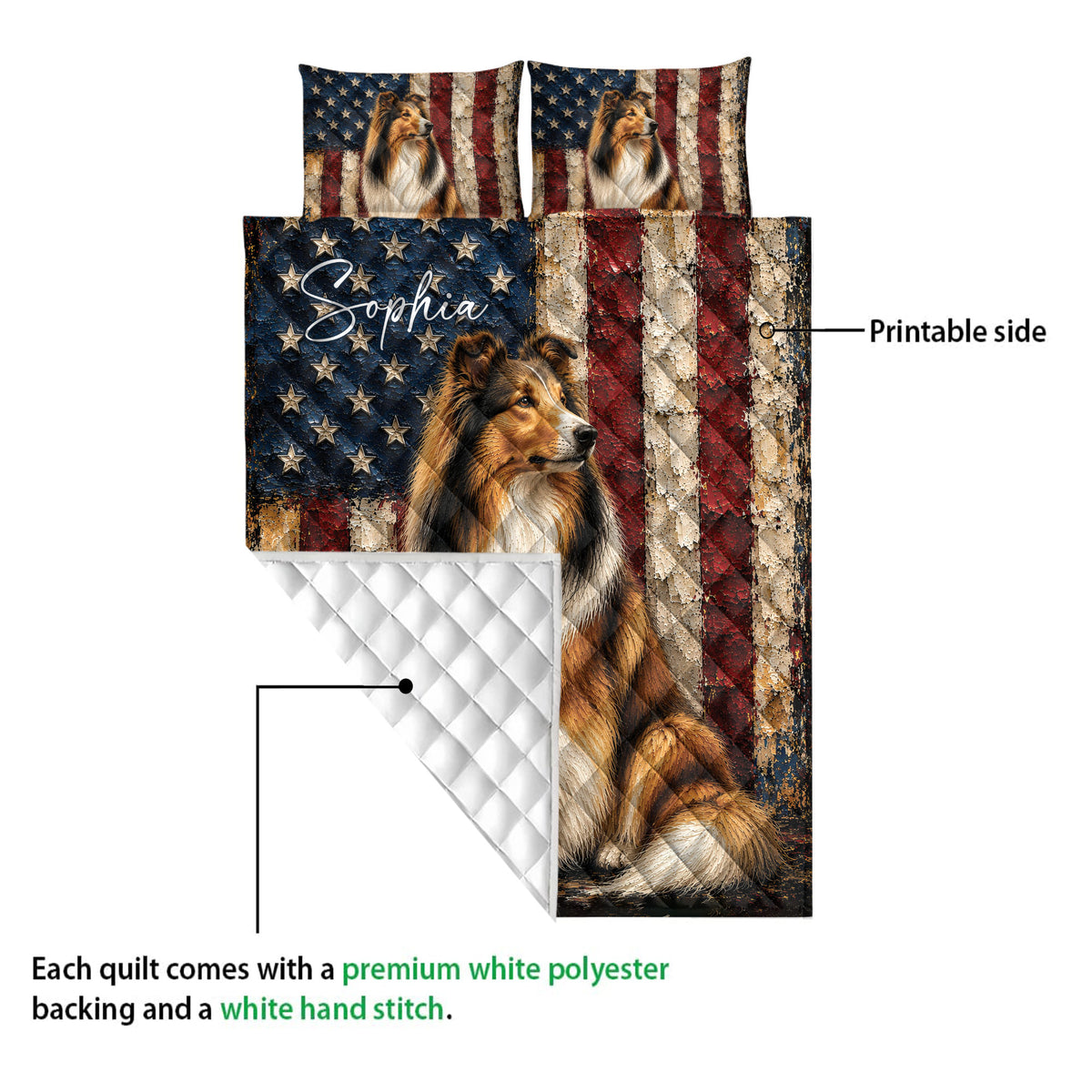 Rough Collie quilt showing the printed front and white diamond-stitched backing