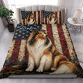 Rough Collie quilt blanket styled in a bright bedroom with patriotic flag-inspired artwork