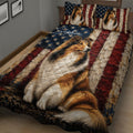 Close view of a Rough Collie quilt blanket with stars, stripes, and realistic dog artwork