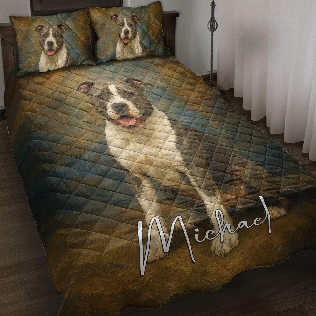 American Staffordshire dog quilt blanket displayed on a bed with matching dog portrait pillows