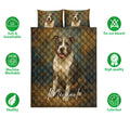 American Staffordshire dog quilt bedding set shown with portrait artwork and product feature icons