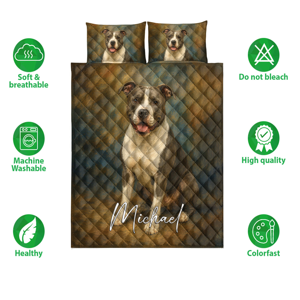 American Staffordshire dog quilt bedding set shown with portrait artwork and product feature icons