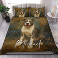 American Staffordshire dog quilt bedding styled in a bright modern bedroom