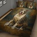 American Staffordshire dog portrait quilt blanket displayed across a cozy bedroom