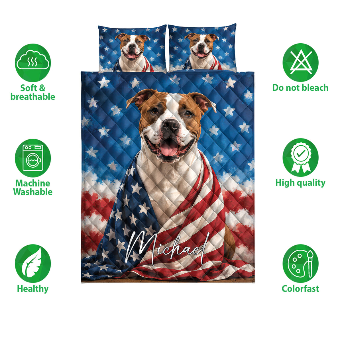 American Staffordshire dog quilt bedding set shown with patriotic artwork and product feature icons