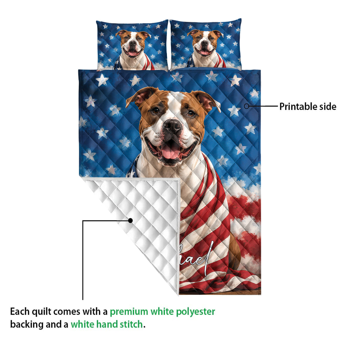 American Staffordshire dog quilt showing the printed front and white quilted backing