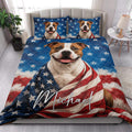 American Staffordshire dog quilt blanket styled in a bright bedroom with matching patriotic pillow artwork