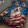 American Staffordshire dog quilt bedding displayed on a bed with bold blue, red, white, and star artwork