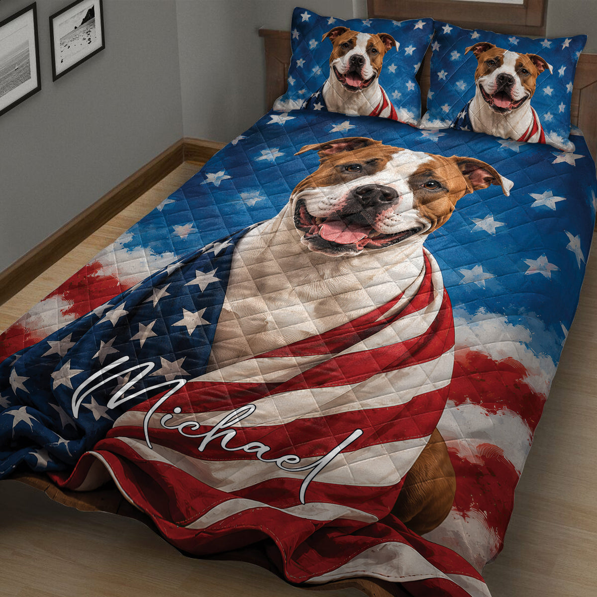 American Staffordshire dog quilt bedding displayed on a bed with bold blue, red, white, and star artwork