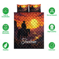 Western cowboy quilt bedding set shown with horse rider artwork, sunset scenery, and product feature icons