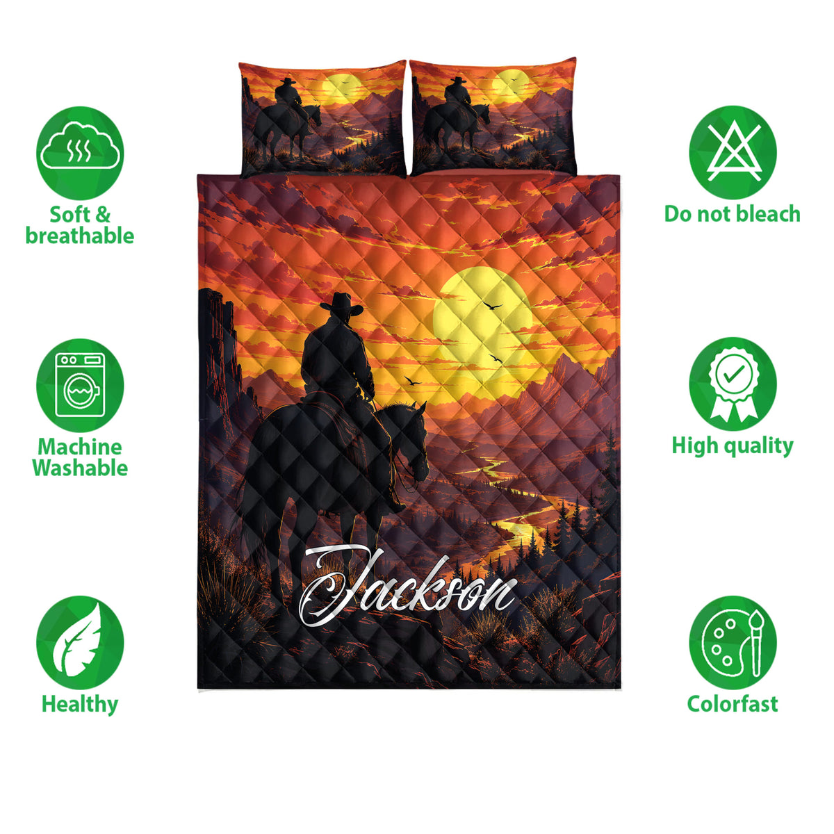 Western cowboy quilt bedding set shown with horse rider artwork, sunset scenery, and product feature icons